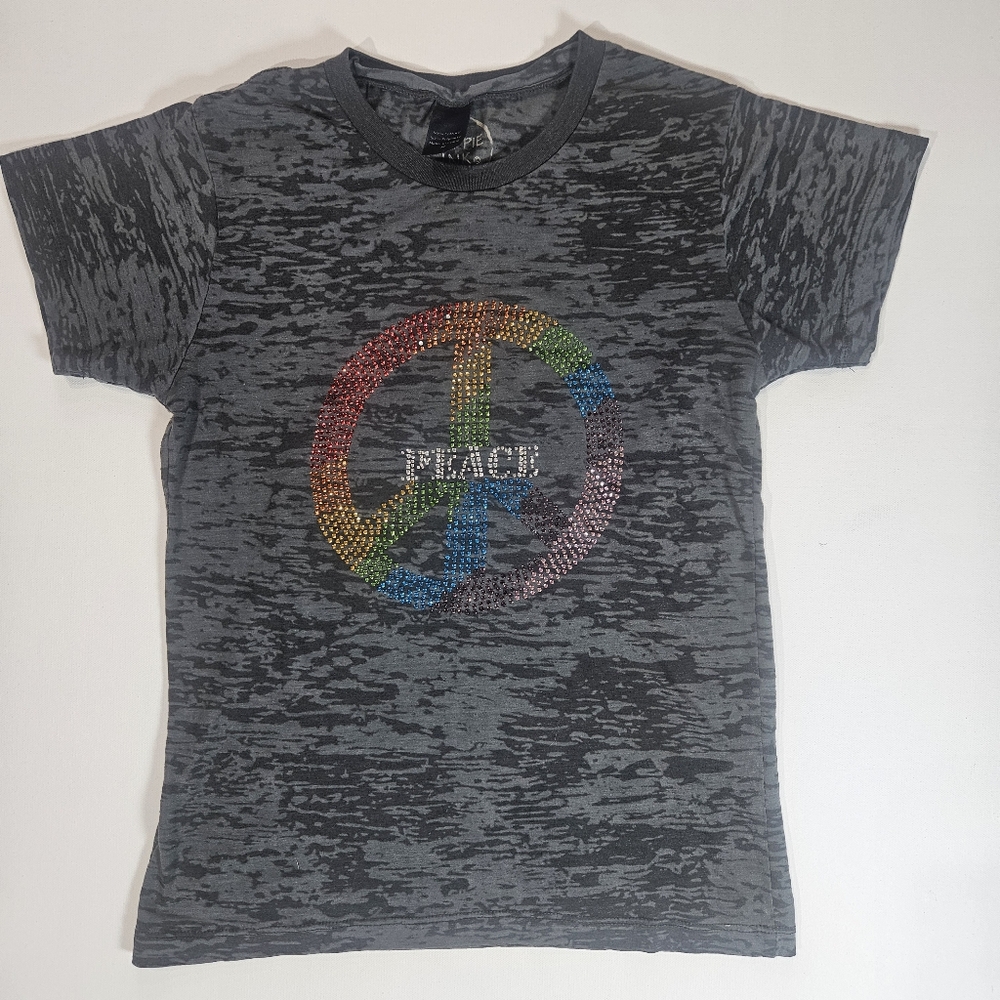 Hippie Ink Womens T-shirt Size Medium Grey Rainbow Peace Symbol Bedazzled Tee